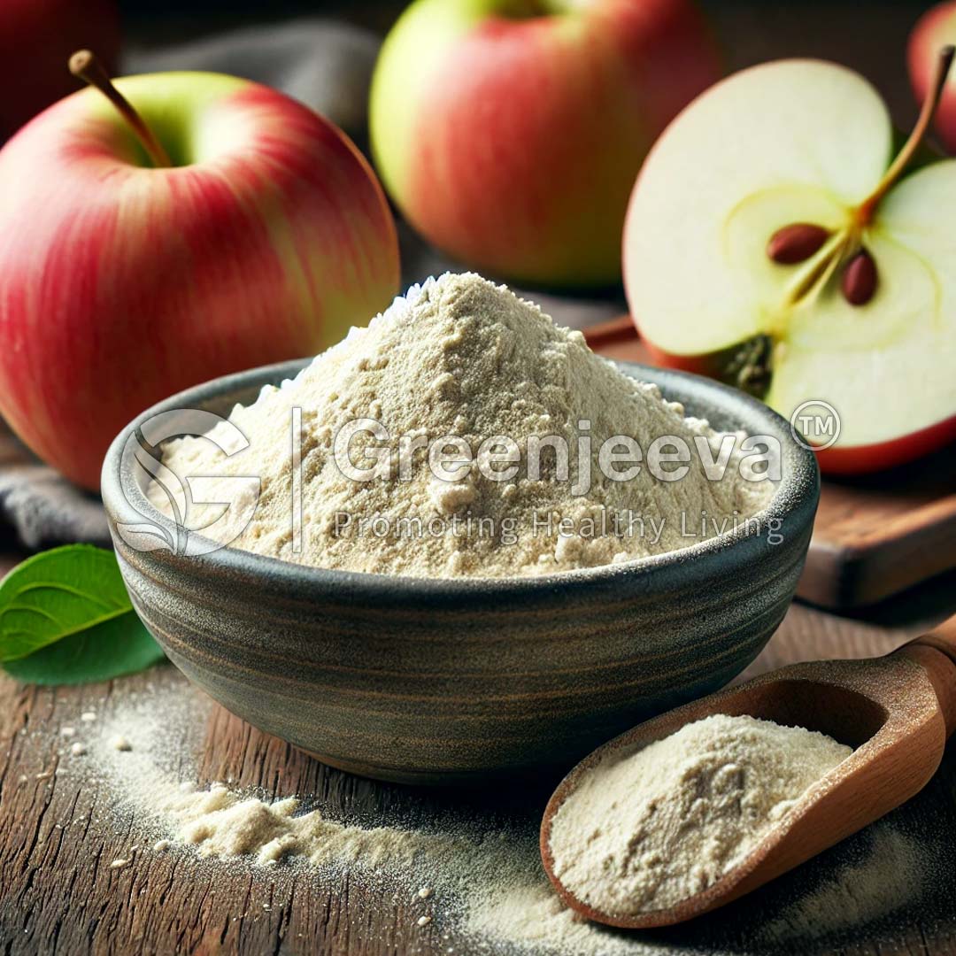 A bowl of Organic Apple Fruit Powder with apples in the background, promoting healthy living. A wooden spoon holds a scoop of the powder.