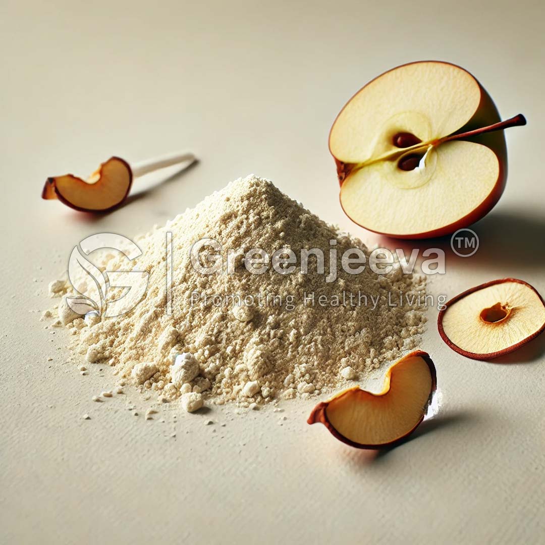 A mound of Organic Apple Powder surrounded by sliced red apples on a light background, promoting healthy living by Greenjeeva.