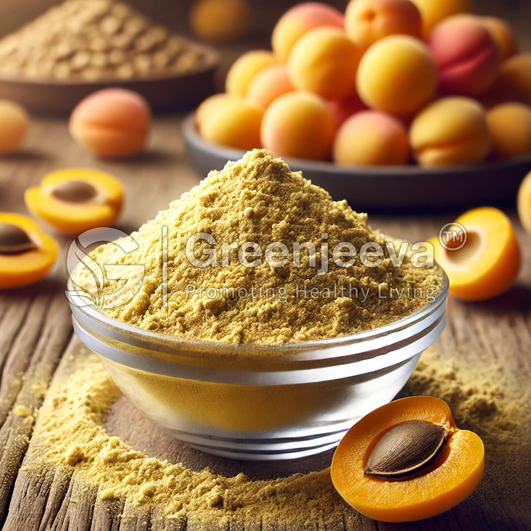 A bowl of Organic Apricot Seed Powder, surrounded by whole and halved apricots on a wooden surface.