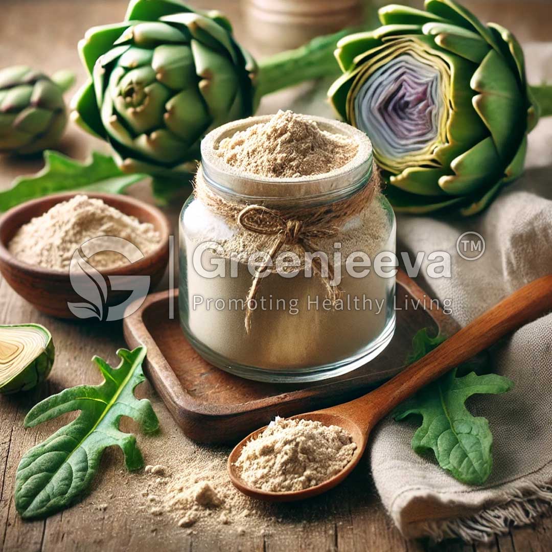 A jar of artichoke powder with a wooden spoon, surrounded by fresh artichokes and leafy greens, promoting healthy living.
