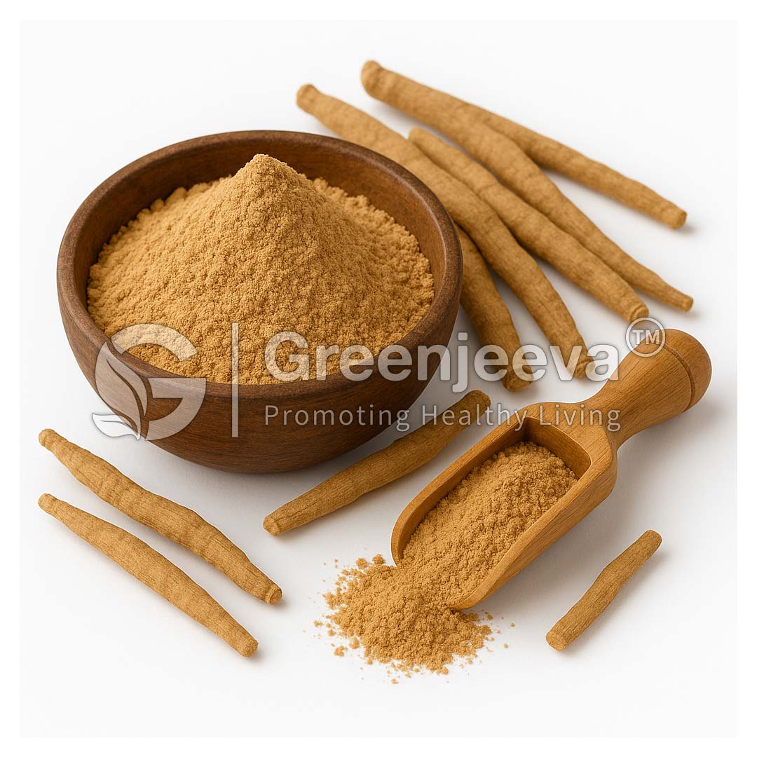 A wooden bowl filled with fine Organic Ashwagandha Root Granular, HD, accompanied by whole ashwagandha roots and a scoop on a white background.