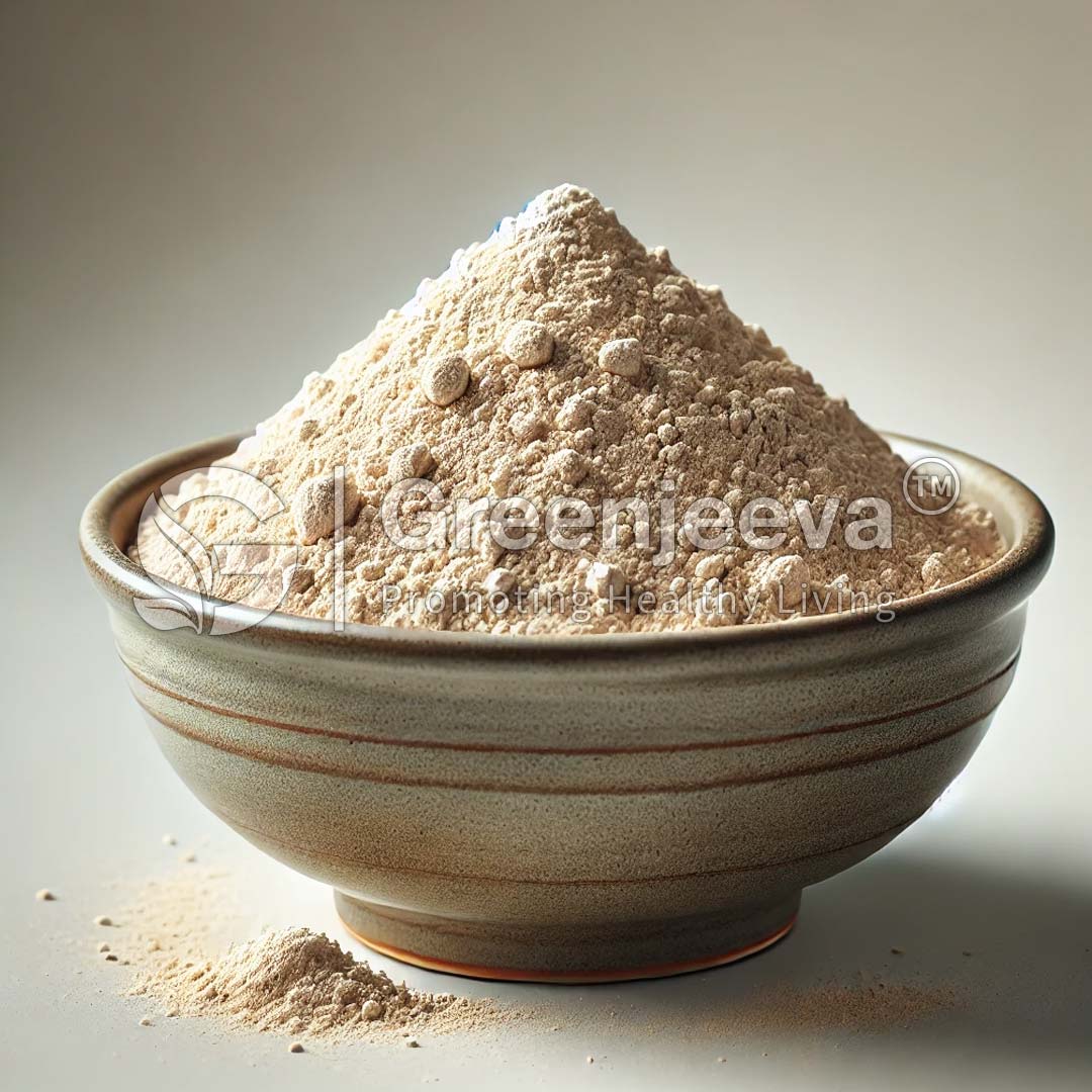 A small bowl piled high with light brown powdered substance, with Organic Bamboo Shoot Extract Powder 70% Silica scattered around the base.