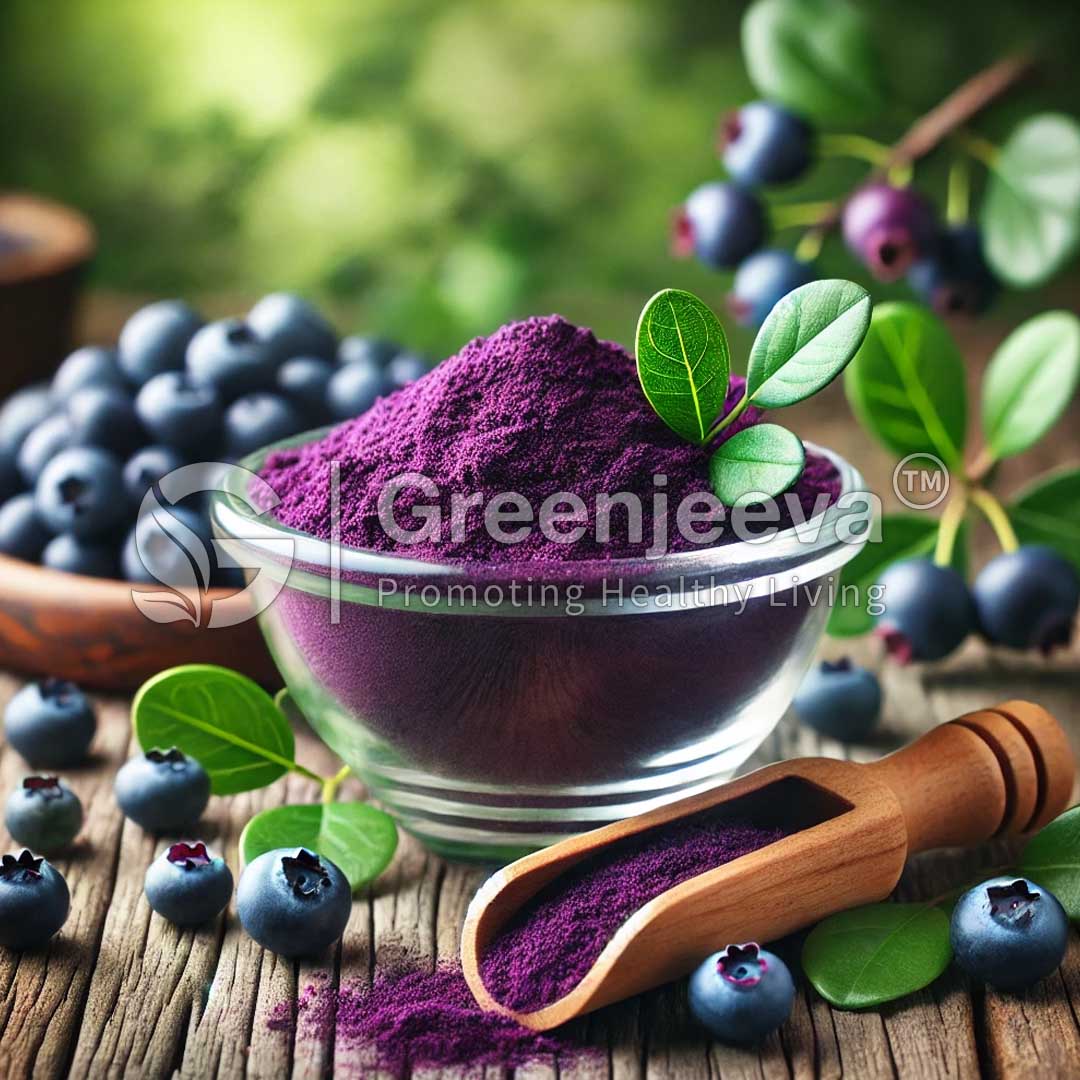A glass bowl filled with vibrant purple Organic Bilberry Extract Powder 4:1, surrounded by fresh blueberries and green leaves on a rustic wooden surface.