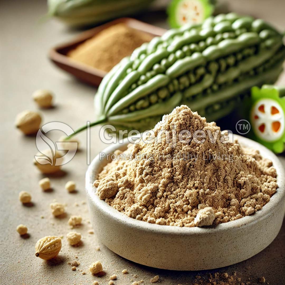 A bowl of organic bitter melon extract powder in front of a green bitter gourd, showcasing natural ingredients.