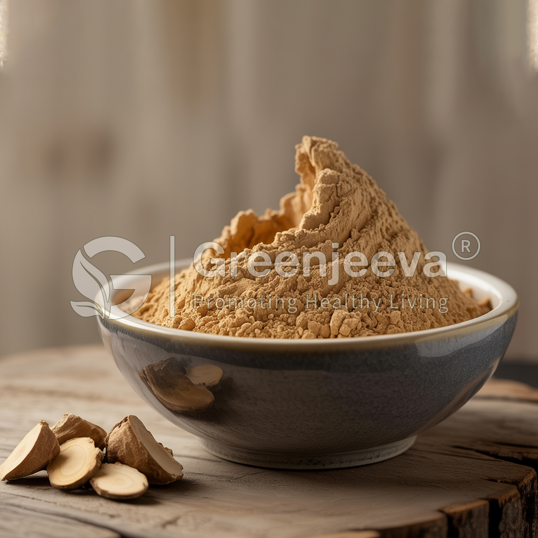 A bowl of Organic-Black Maca powder sits on a wooden surface, accompanied by a few round slices of root nearby.
