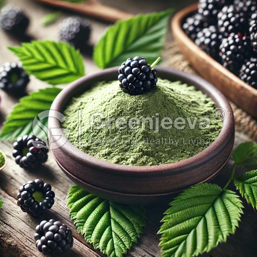 A wooden bowl filled with Organic Blackberry Leaf Powder , topped with a blackberry, surrounded by fresh blackberries and leafy greens on a rustic table.