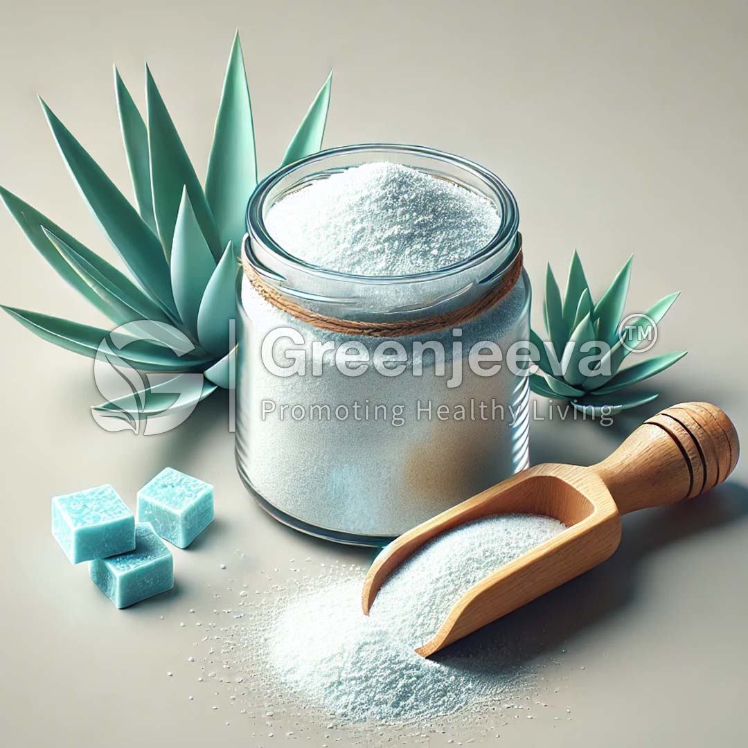 A jar of Organic Blue Agave Inulin Powder sits beside a wooden scoop and teal sugar cubes, with succulent leaves in the background, promoting healthy living.