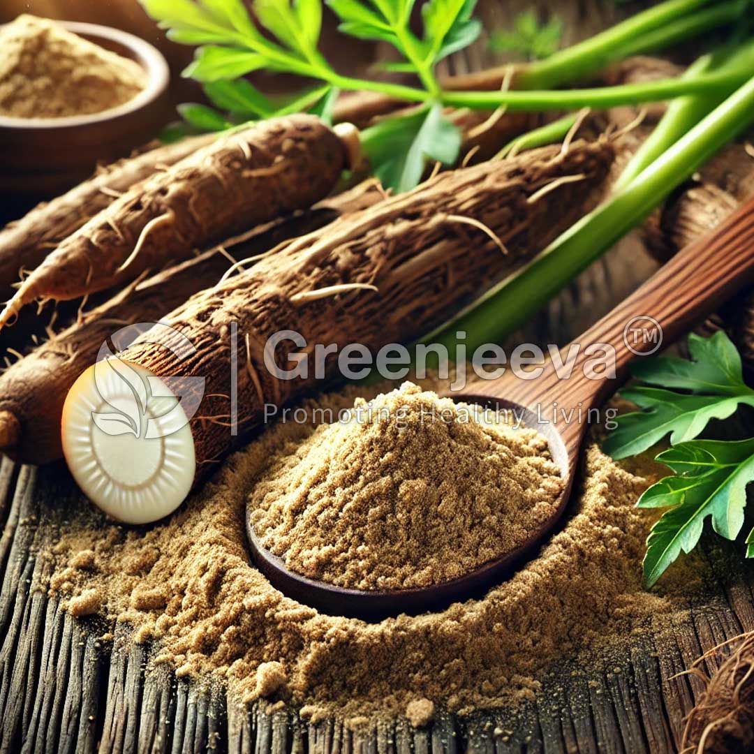 A wooden spoon holds a mound of Organic Burdock Root Extract Powder 4:1 powder, surrounded by fresh herbs.