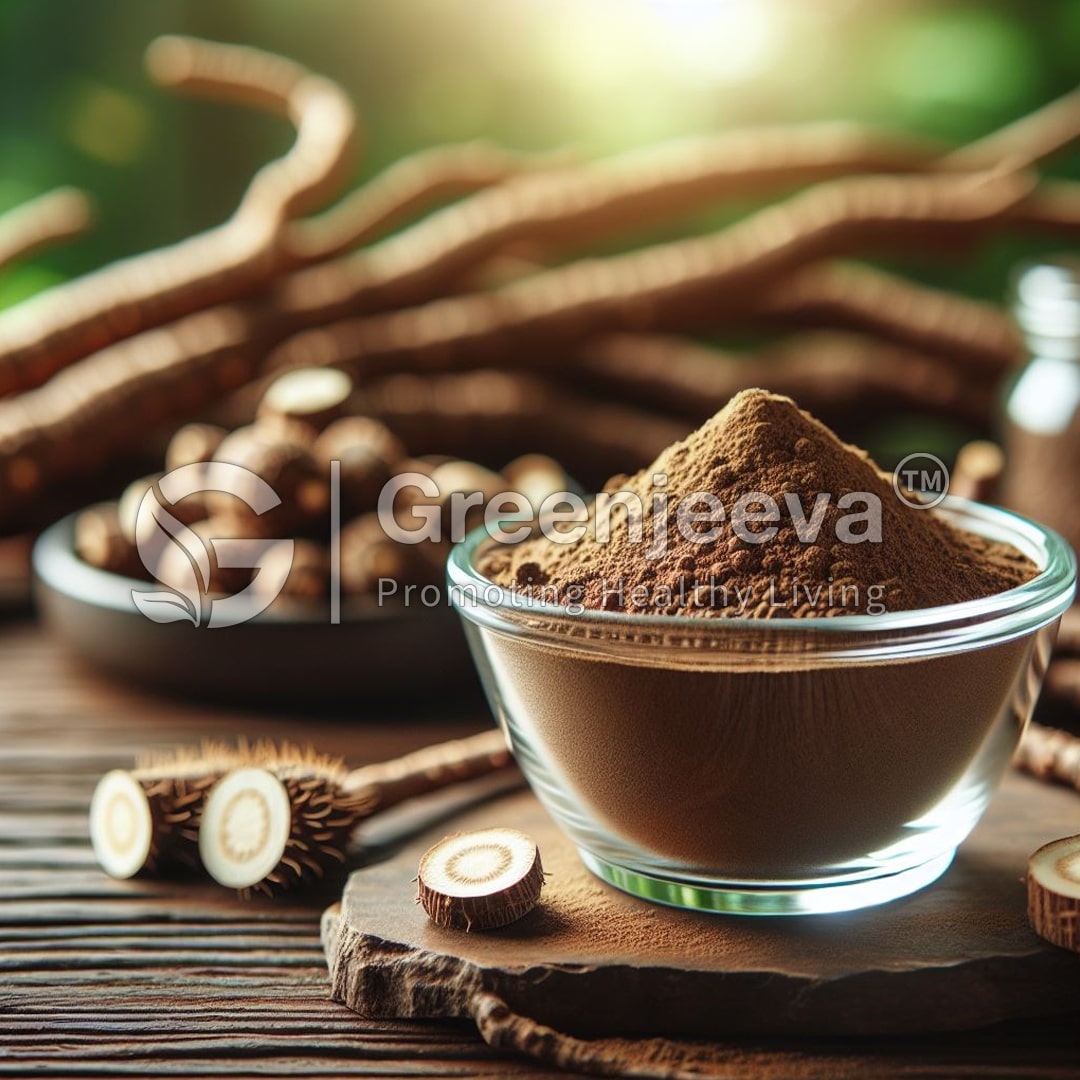 A glass bowl filled with Organic Burdock Root Powder, surrounded by Burdock Root roots.