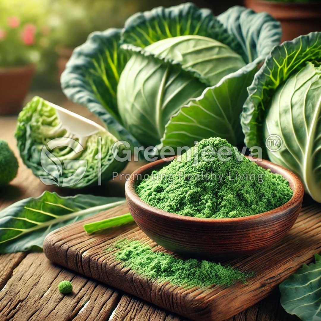 A bowl of vibrant Organic Cabbage Powder sits on a wooden board, surrounded by fresh cabbage and leafy greens, showcasing healthy ingredients.