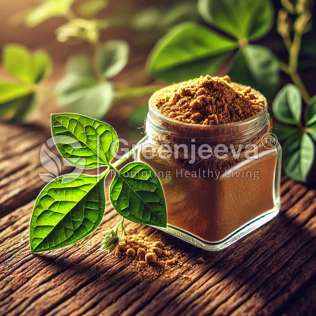 A glass jar filled with Organic Calendula Powder sits on a wooden surface, accompanied by vibrant green leaves.