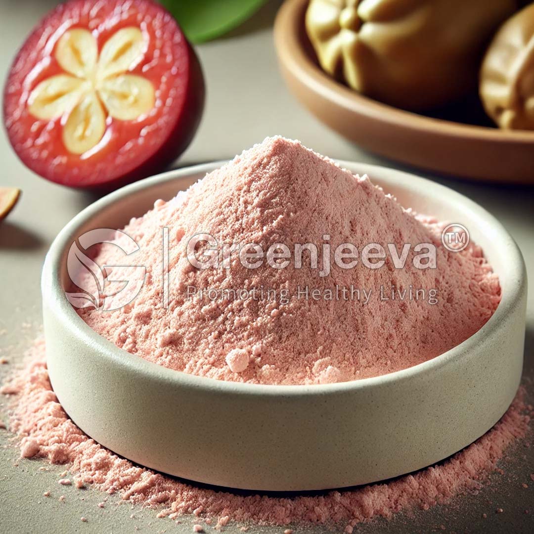 A bowl of Organic Camu Camu Powder on a table, surrounded by sliced Camu Camu.