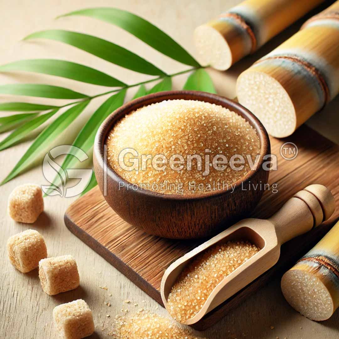 A wooden bowl filled with Organic Cane sugar Granule sits on a wooden board, surrounded by sugar cubes and bamboo stems.