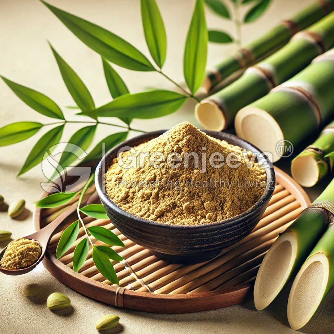 A bowl of Organic Cascara Bark Powder surrounded by bamboo stalks and leaves, showcasing a natural and healthy lifestyle theme.