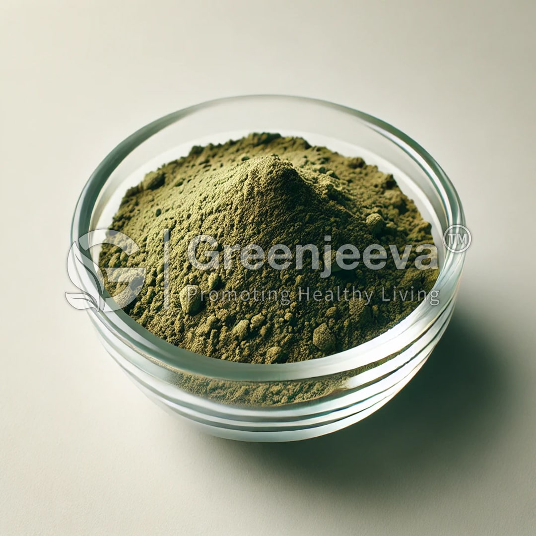 A bowl of Organic Celery Seed Powder surrounded by coriander seeds and fresh celery leaves, showcasing healthy food ingredients.