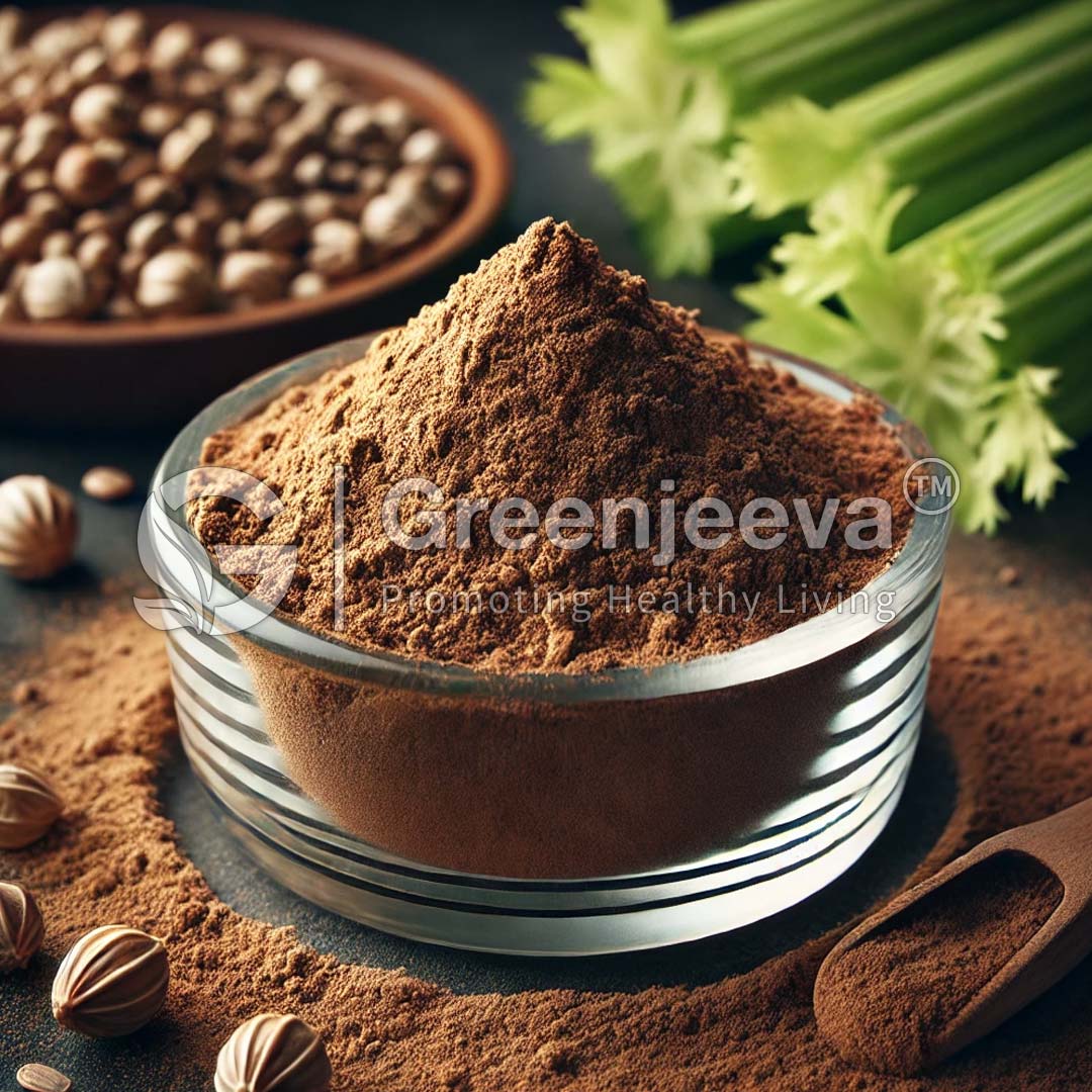 A bowl of Organic Celery Seed Whole surrounded by coriander seeds and fresh celery leaves, showcasing healthy food ingredients.