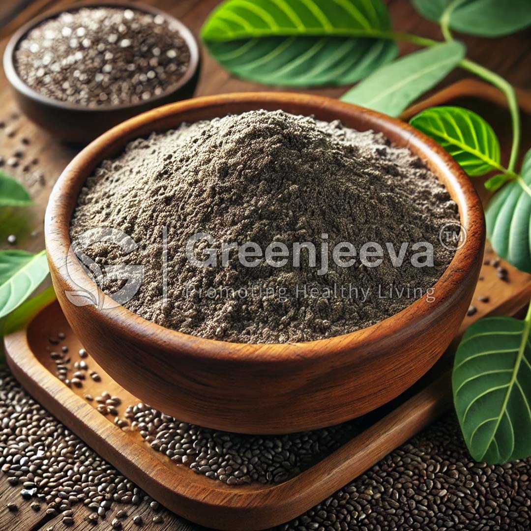 A close-up of a wooden bowl filled with Organic Chia Protein Powder, surrounded by green leaves and chia seeds on a wooden surface.