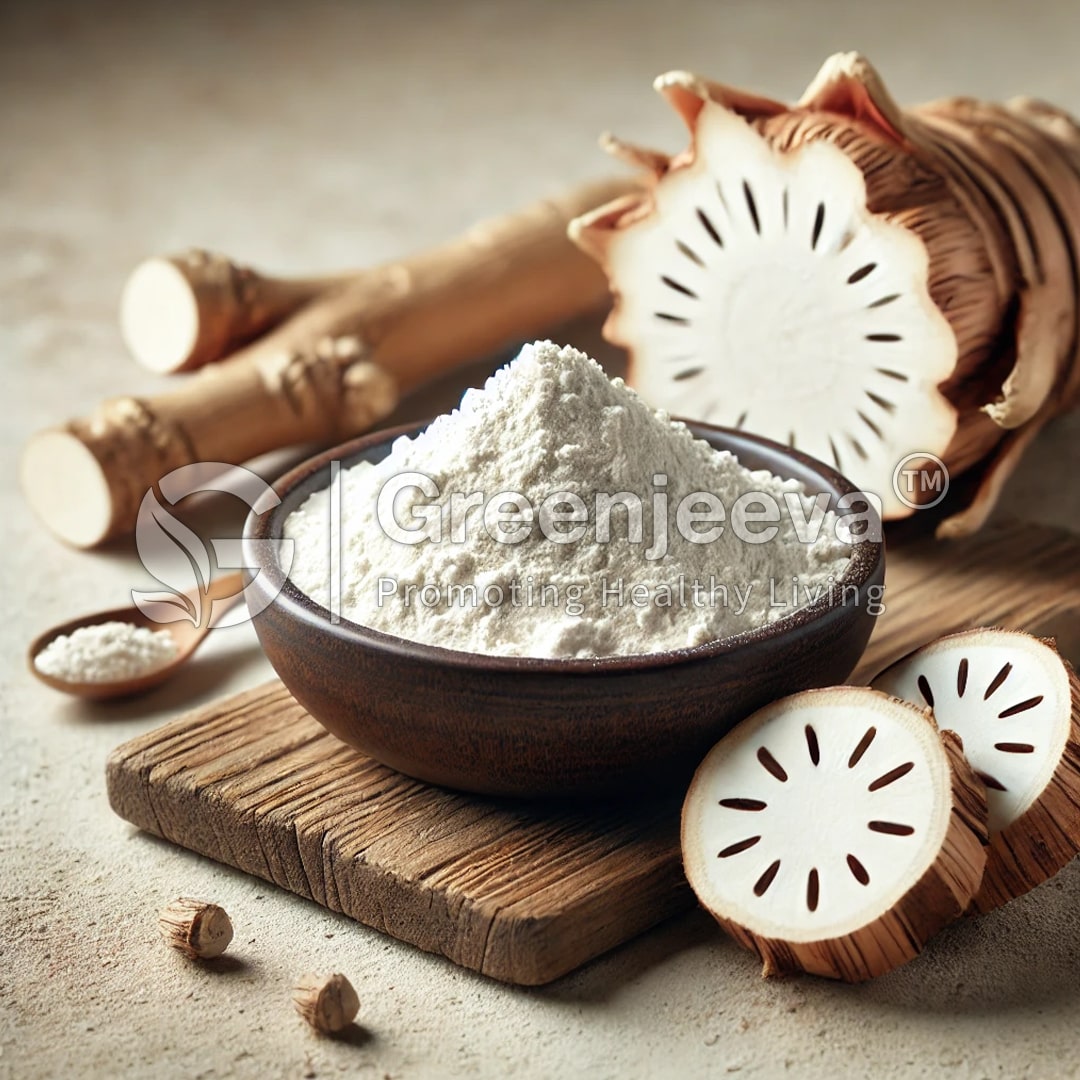 A wooden bowl filled with Organic Chicory Extract Powder 90% Inulin sits beside sliced lotus root and its whole, uncut tubers on a rustic wooden surface.