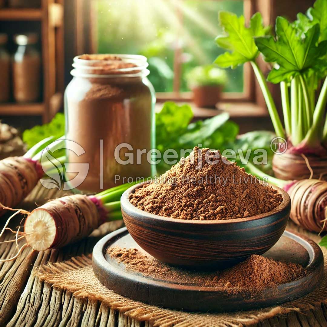 A rustic setting with a bowl of Organic Chicory Root Powder, a glass jar, and fresh radishes on a wooden table, illuminated by soft sunlight.
