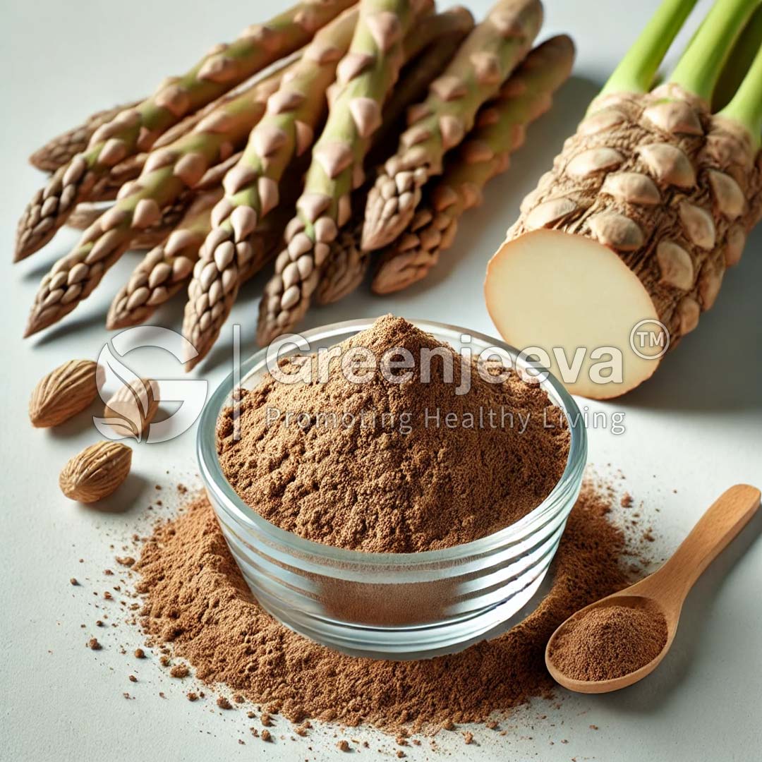 A glass bowl of Organic Chinese Asparagus Tuber Extract Powder 4:1 surrounded by fresh asparagus and a sliced root, highlighting healthy ingredients on a light background.
