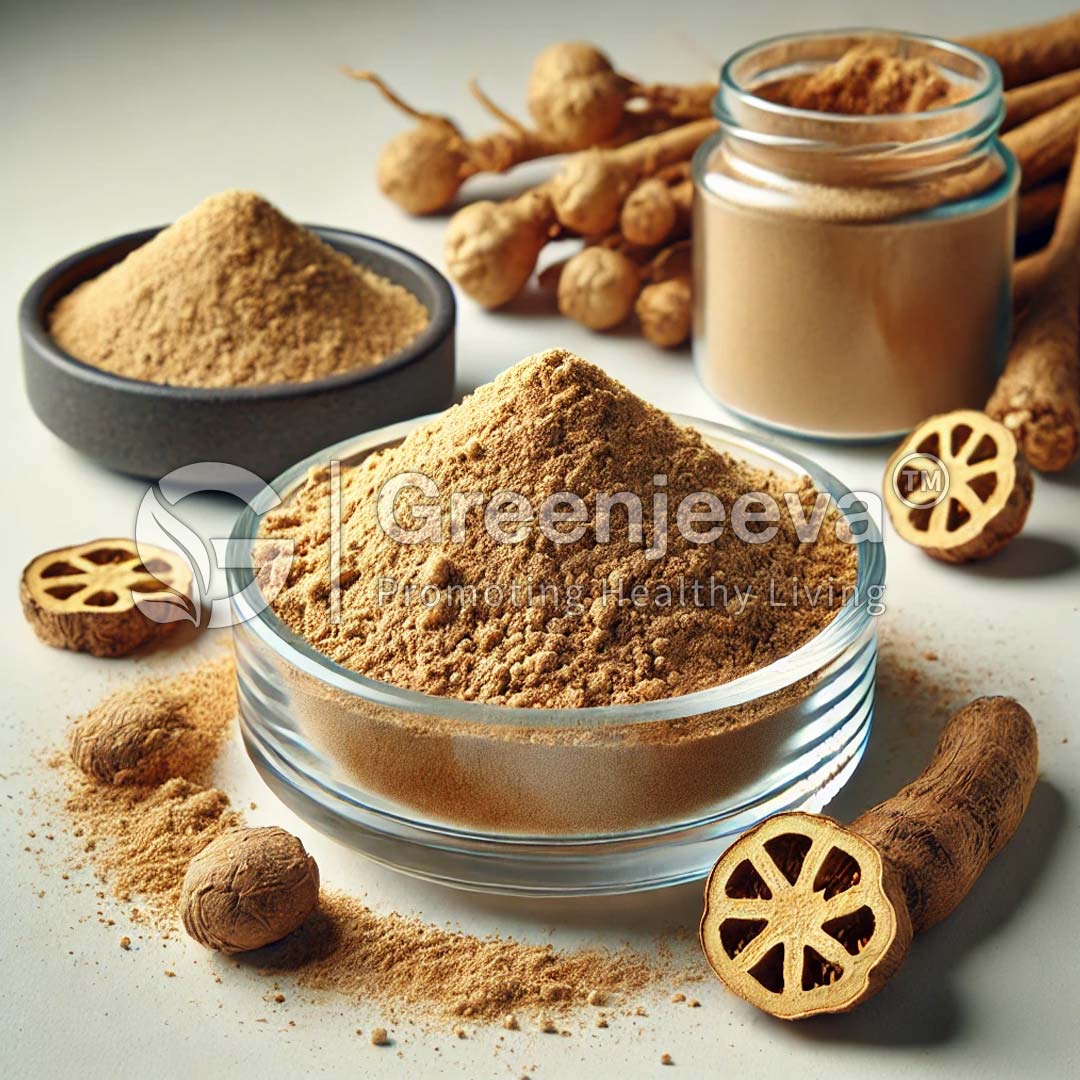 A close-up of various Organic Chinese Skullcap Root Extract Powder 4:1 in clear and dark bowls, surrounded by whole and sliced plant roots.
