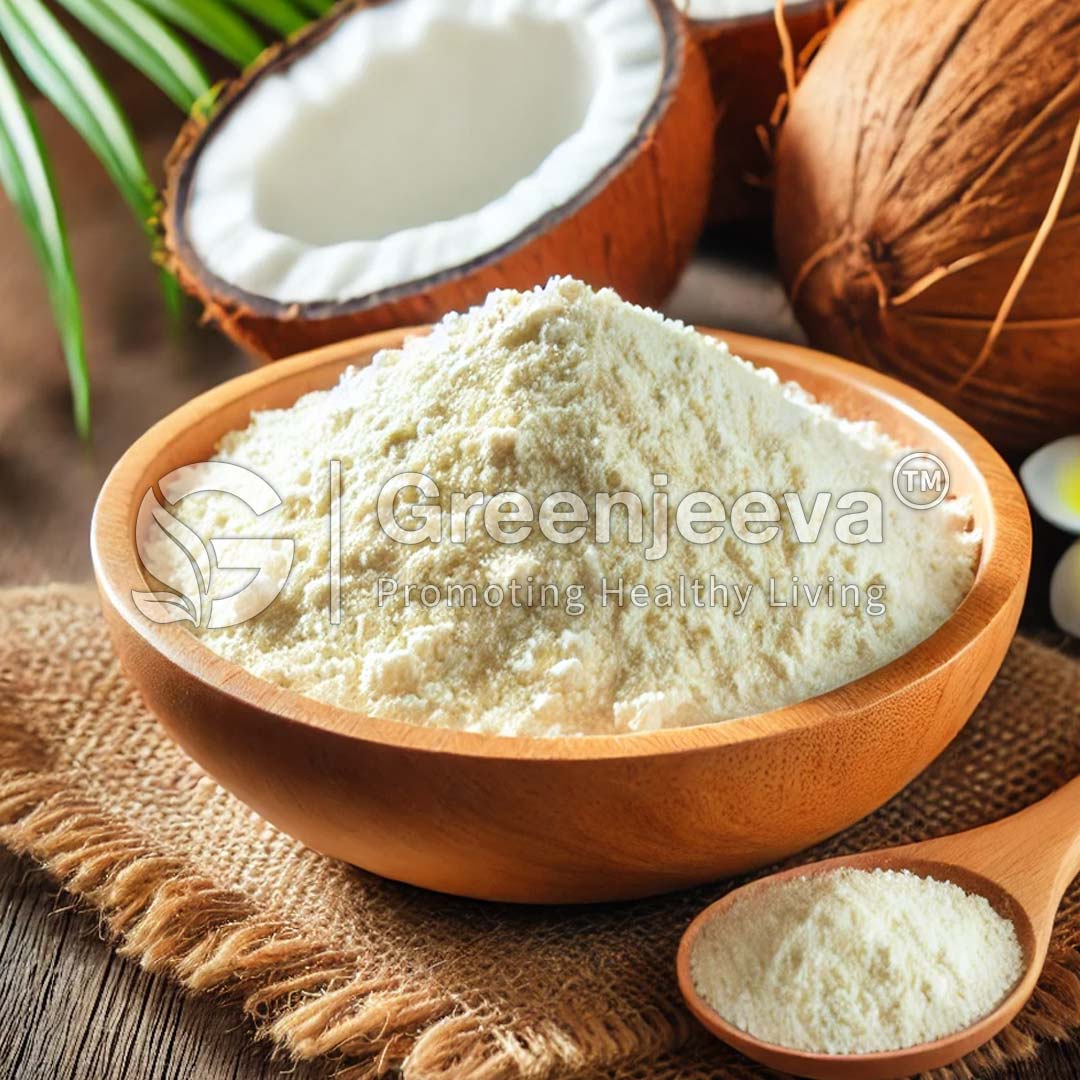 A wooden bowl filled with Organic Coconut Water Powder on burlap, with coconut halves and a spoonful of flour nearby.