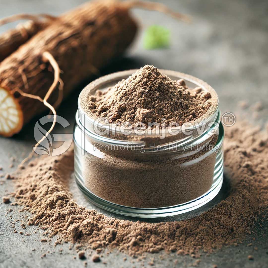 A glass jar filled with fine Organic Comfrey Root Powder sits on a dark surface, with pieces of root in the background, suggesting a natural ingredient.