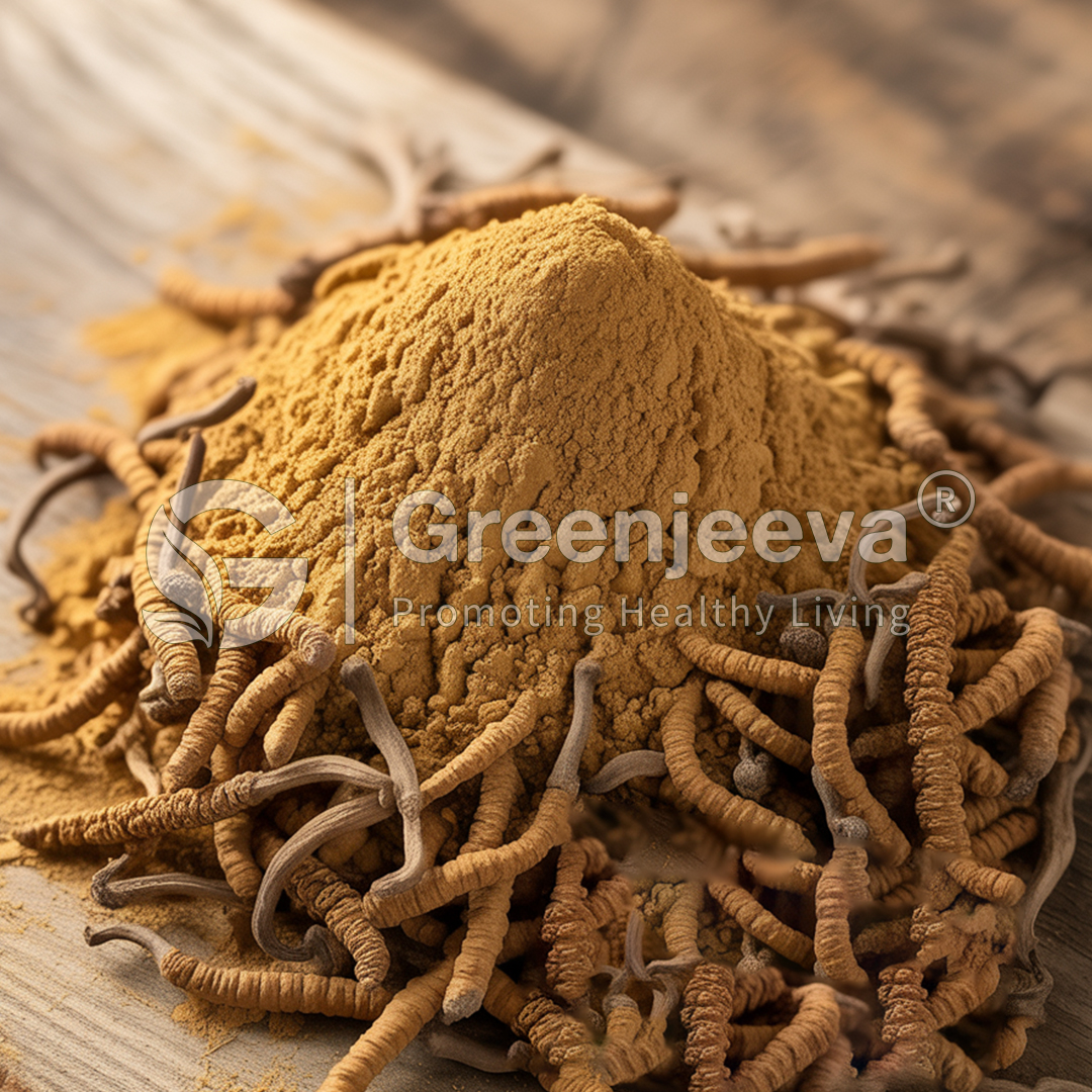 A pile of ground Organic-Cordyceps-Extract-Powder surrounded by its dried fungal strands on a wooden surface.
