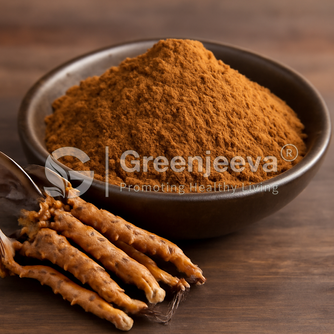 A bowl of fine Organic Cordyceps Sinensis Powder beside dried roots, symbolizing natural health and wellness products.