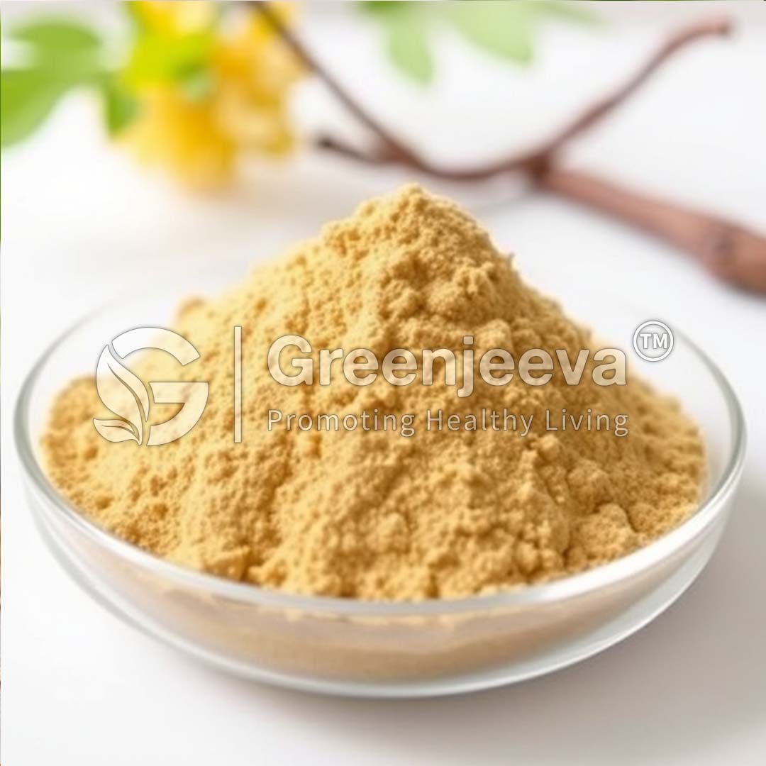 A bowl filled with Organic Cordyceps militaris Extract Powder 10:1, surrounded by blurred green leaves and flowers, representing a natural health product.
