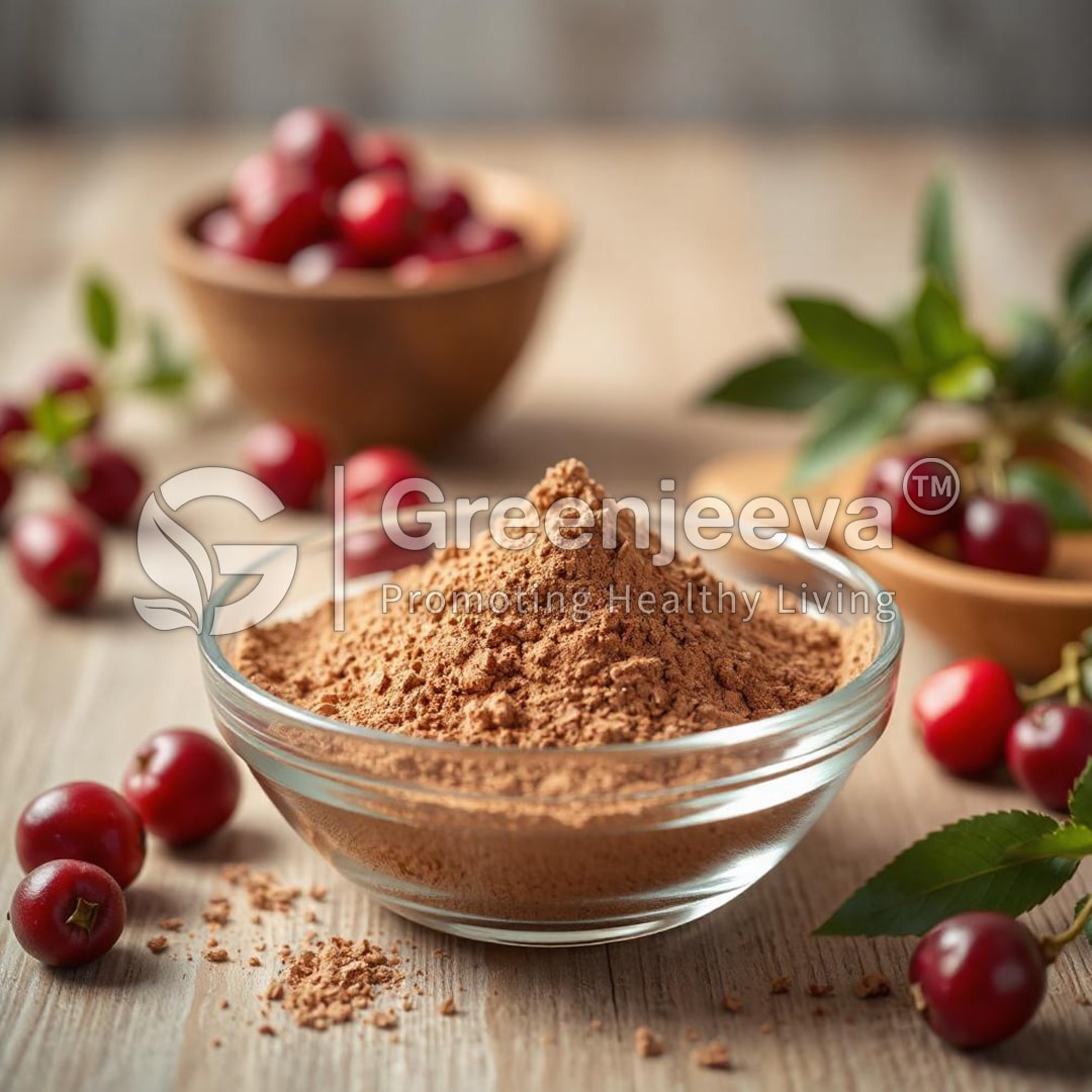 A glass bowl filled with Organic Cranberry Juice Powder surrounded by fresh red cranberries and green leaves on a wooden surface.
