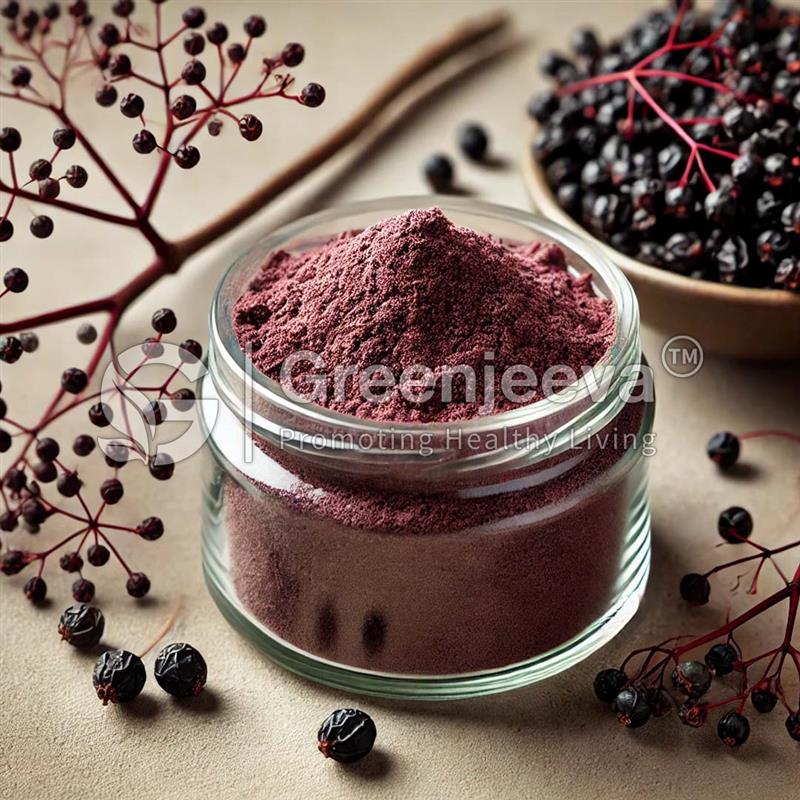 A glass jar filled with purple powder, surrounded by black elderberry fruits and branches, symbolizing health benefits.