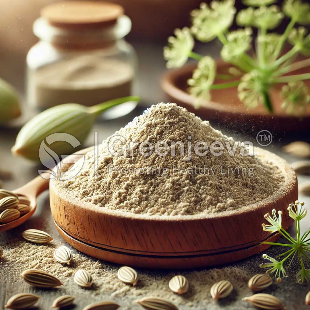 A wooden bowl filled with Organic Fennel Seed, Whole, surrounded by seeds and fresh herbs, evoking a healthy culinary atmosphere.