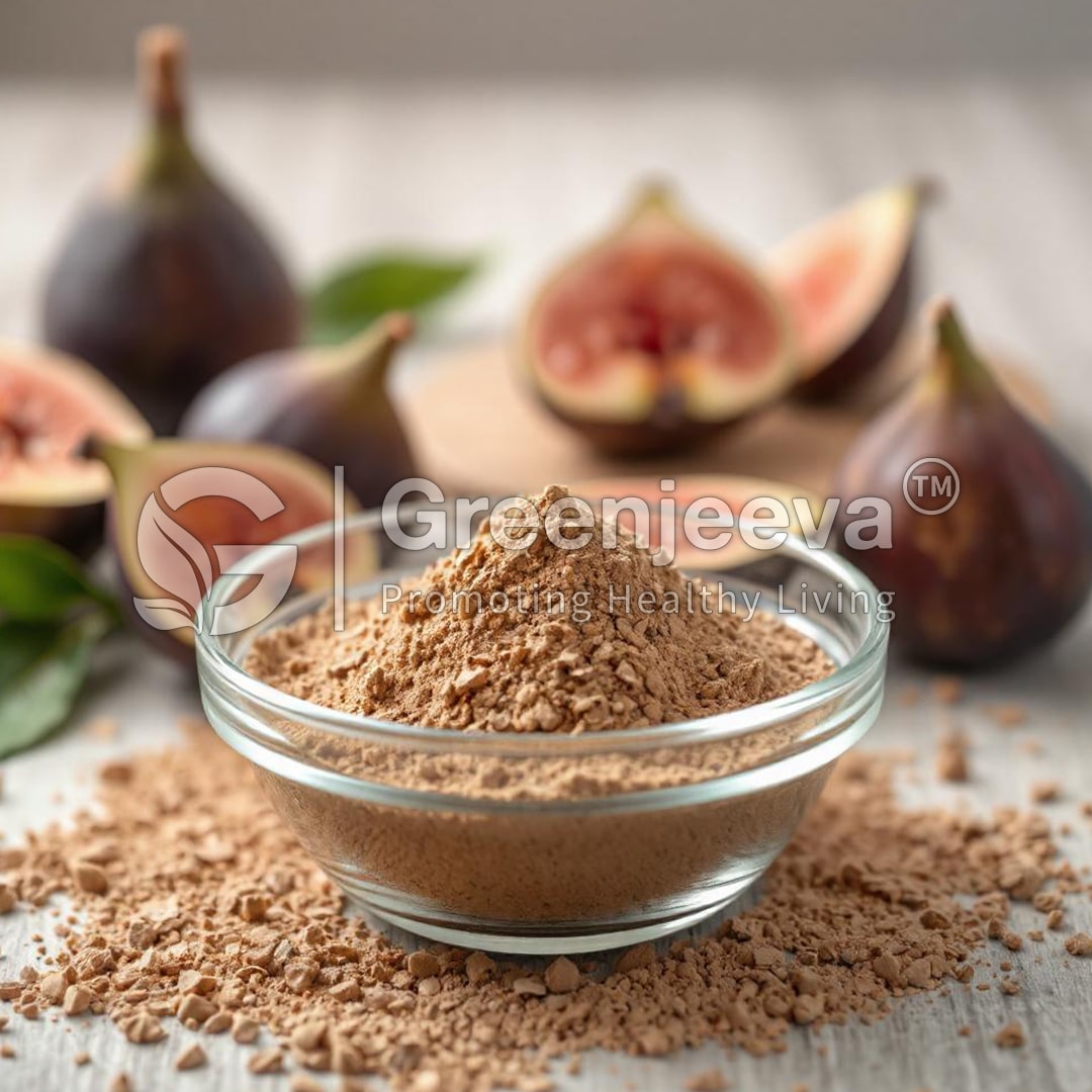 A bowl of Organic Fig Fruit Powder sits on a wooden surface, surrounded by fresh figs and leaves, promoting healthy living.