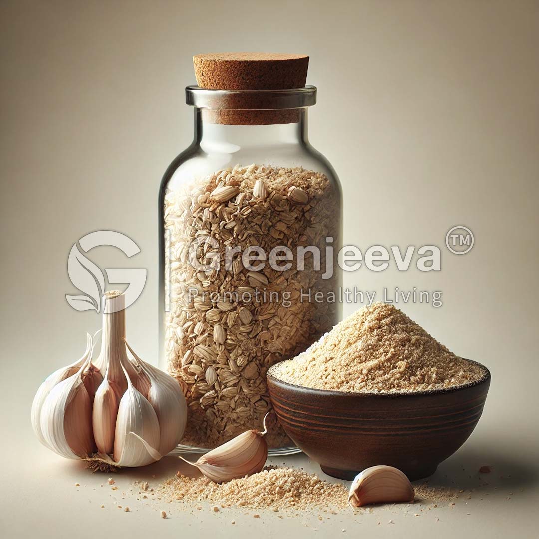A glass jar filled with oats next to a bowl of Organic Garlic, Chopped and fresh garlic bulbs, set against a soft, neutral background.