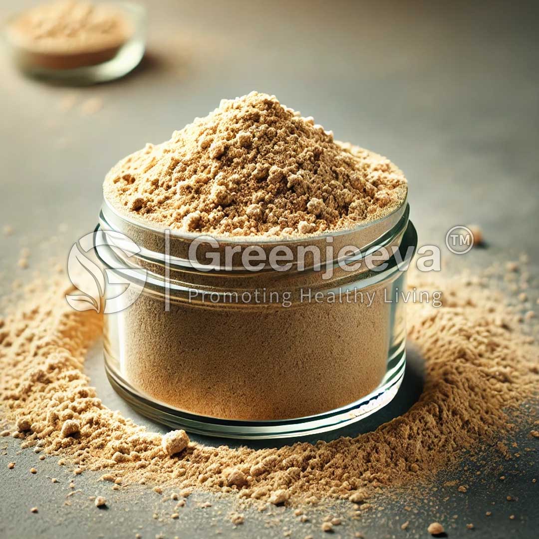 A glass jar filled with Organic Ginger Root Extract Powder4:1 sits on a dark surface, with scattered powder around it, highlighting its texture.