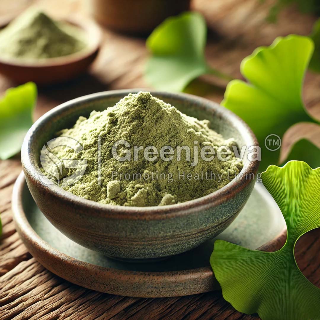 A textured clay bowl filled with Organic Ginkgo Biloba leaf powder, surrounded by leaves, representing natural health and wellness products.