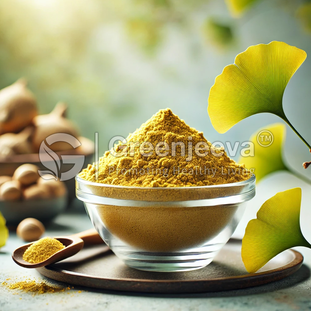 Close-up of a glass bowl filled with Organic Ginkgo biloba Leaf Extract Powder 41, accompanied by a wooden spoon, Ginkgo leaves, and blurred natural background.
