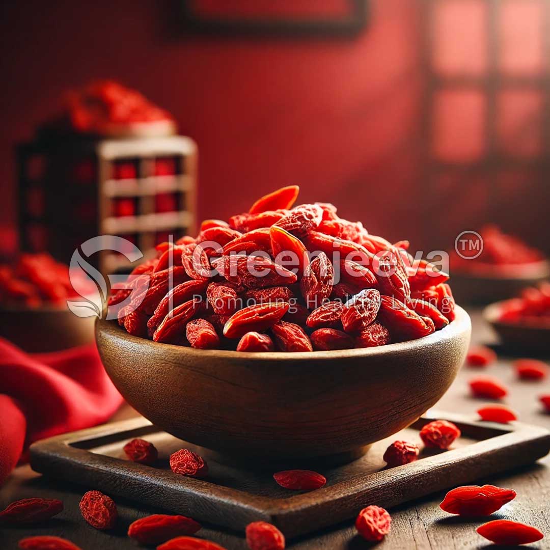 A wooden bowl filled with vibrant red goji berries, surrounded by scattered berries on a dark wooden surface and a warm, red backdrop.