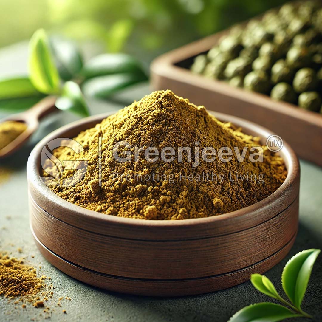 A close-up of a wooden bowl filled with vOrganic Green Tea Extract Powder, surrounded by green leaves.