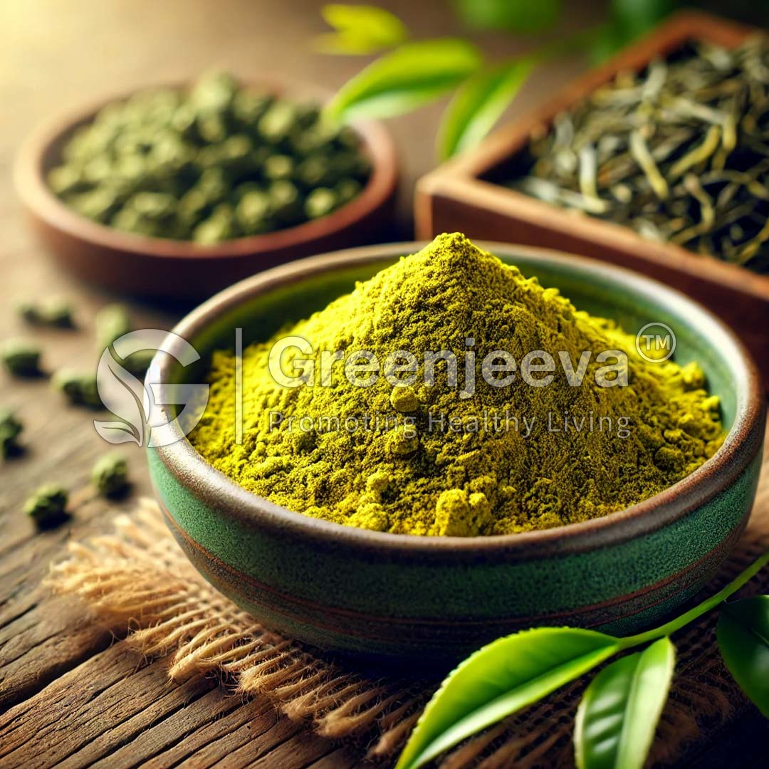 Organic Green Tea Leaves Powder in a ceramic bowl, surrounded by other herbal ingredients.