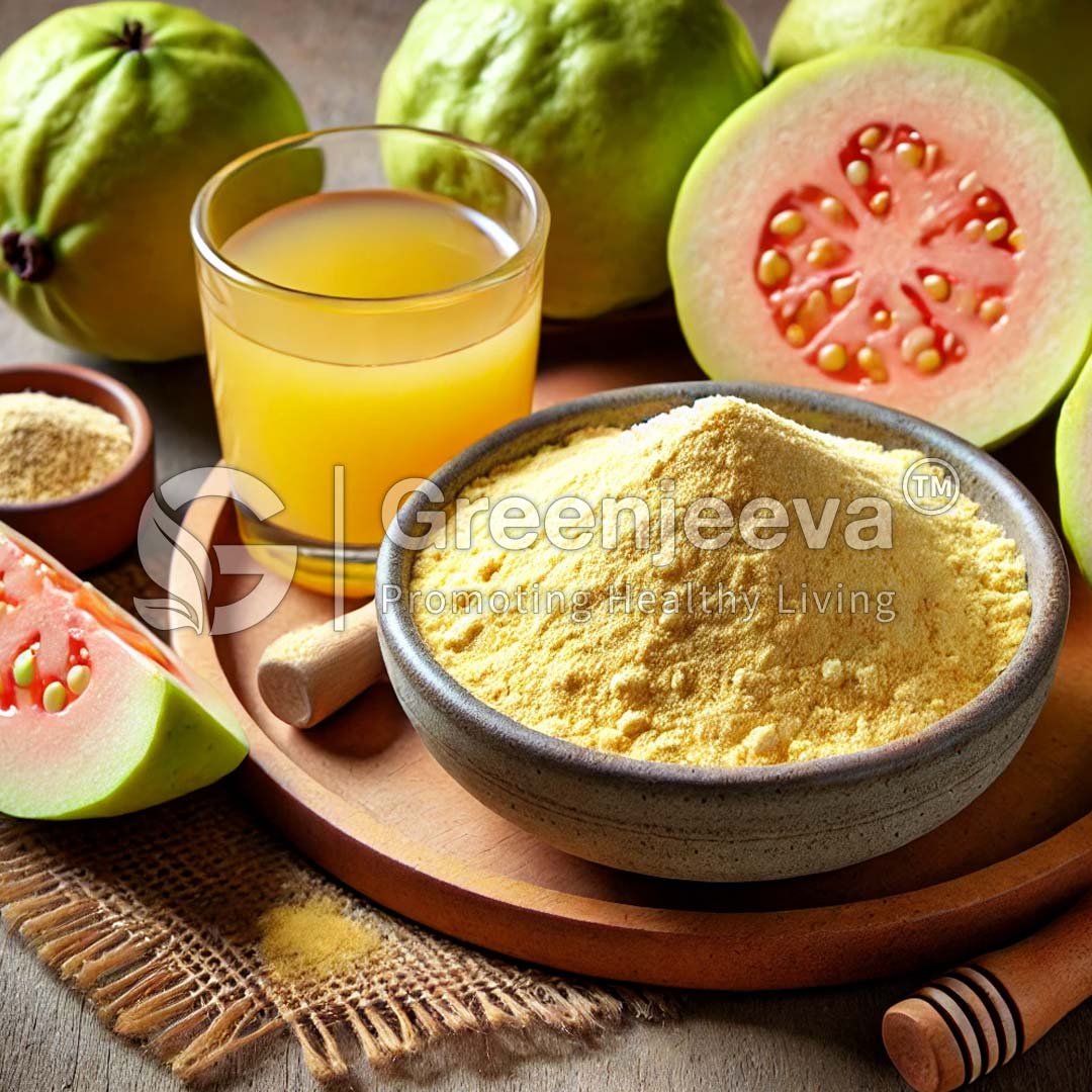 A bowl of Organic Guava Juice Powder sits beside fresh guavas, a glass of guava juice, and spices on a wooden surface, promoting healthy living.
