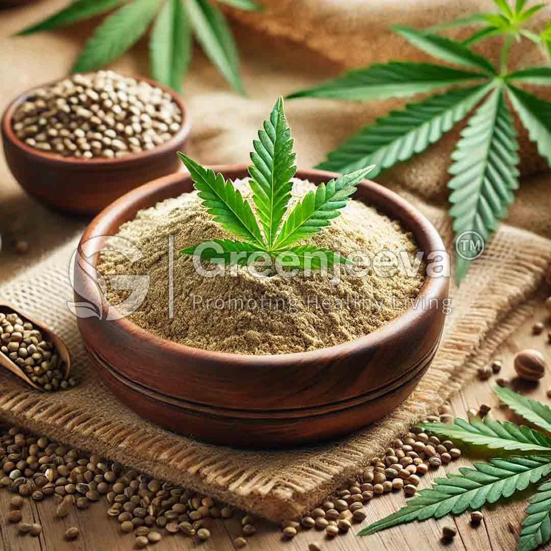 A wooden bowl filled withOrganic Hemp Protein Powder 80%, topped with a cannabis leaf, surrounded by hemp seeds and green leaves on a rustic background.