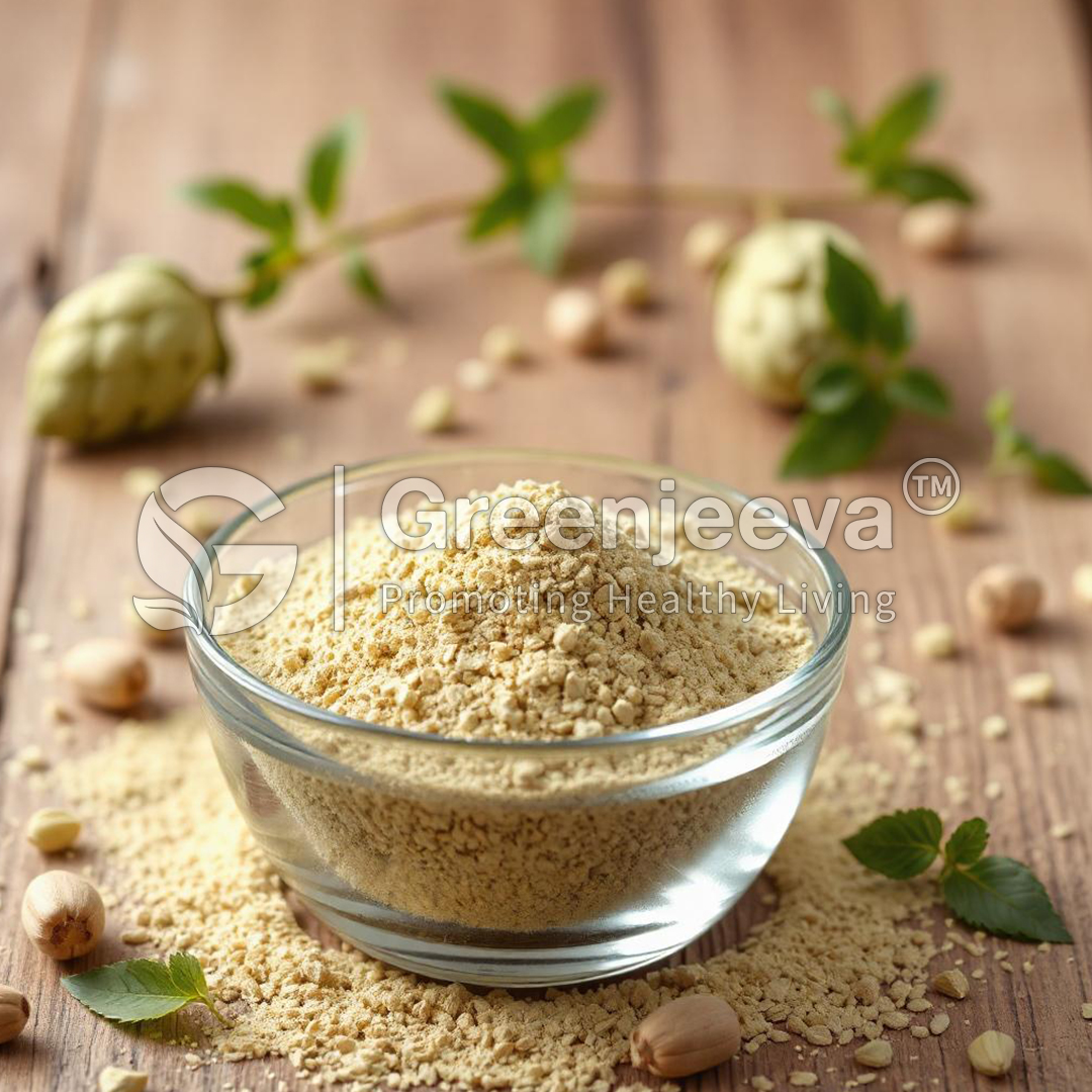A clear bowl filled with Organic Hops Powder, surrounded by green leaves and nuts on a wooden table, emphasizing natural health ingredients.