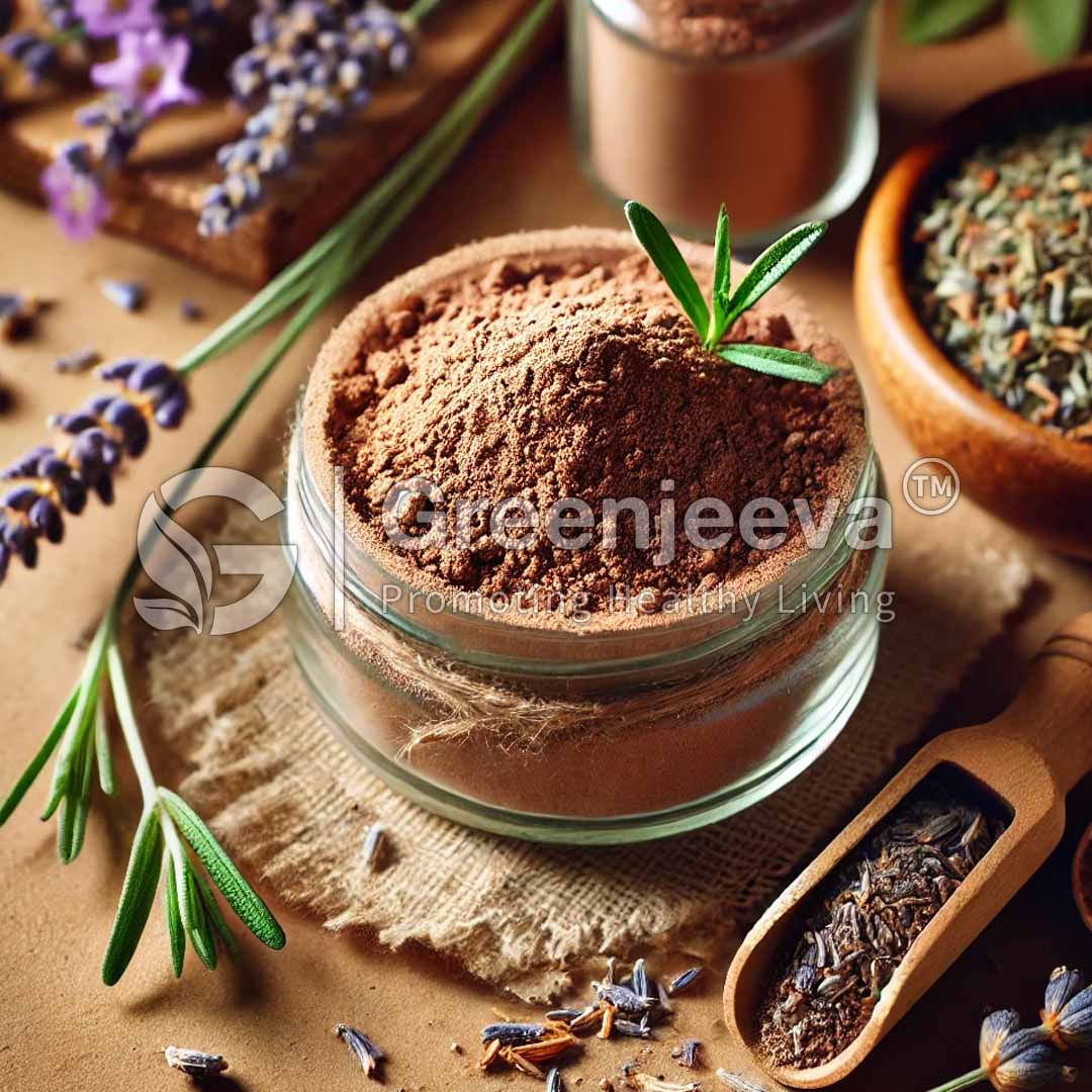 A jar of Organic Lavender Powder sits on a burlap cloth, surrounded by lavender sprigs and a wooden spoon filled with herbs, evoking natural wellness.