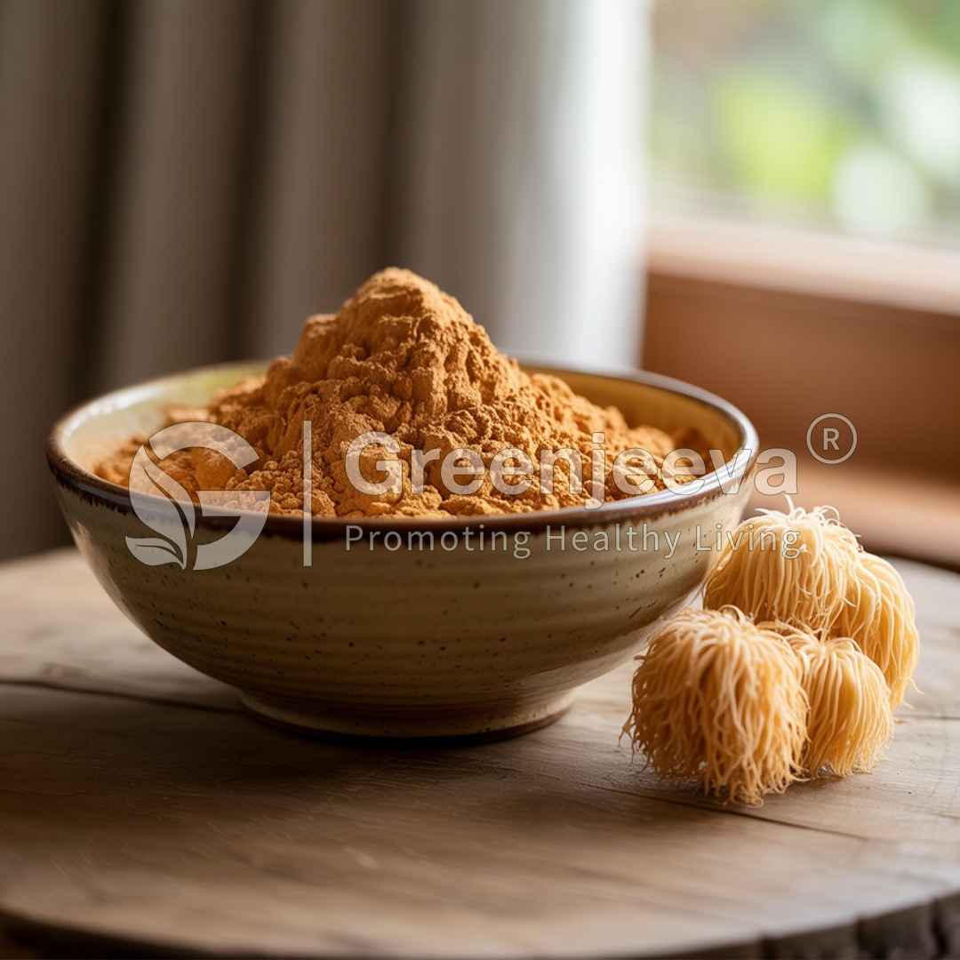 A bowl filled with vibrant orange powder sits on a wooden surface, alongside clusters of fuzzy, yellow herbal ingredients.