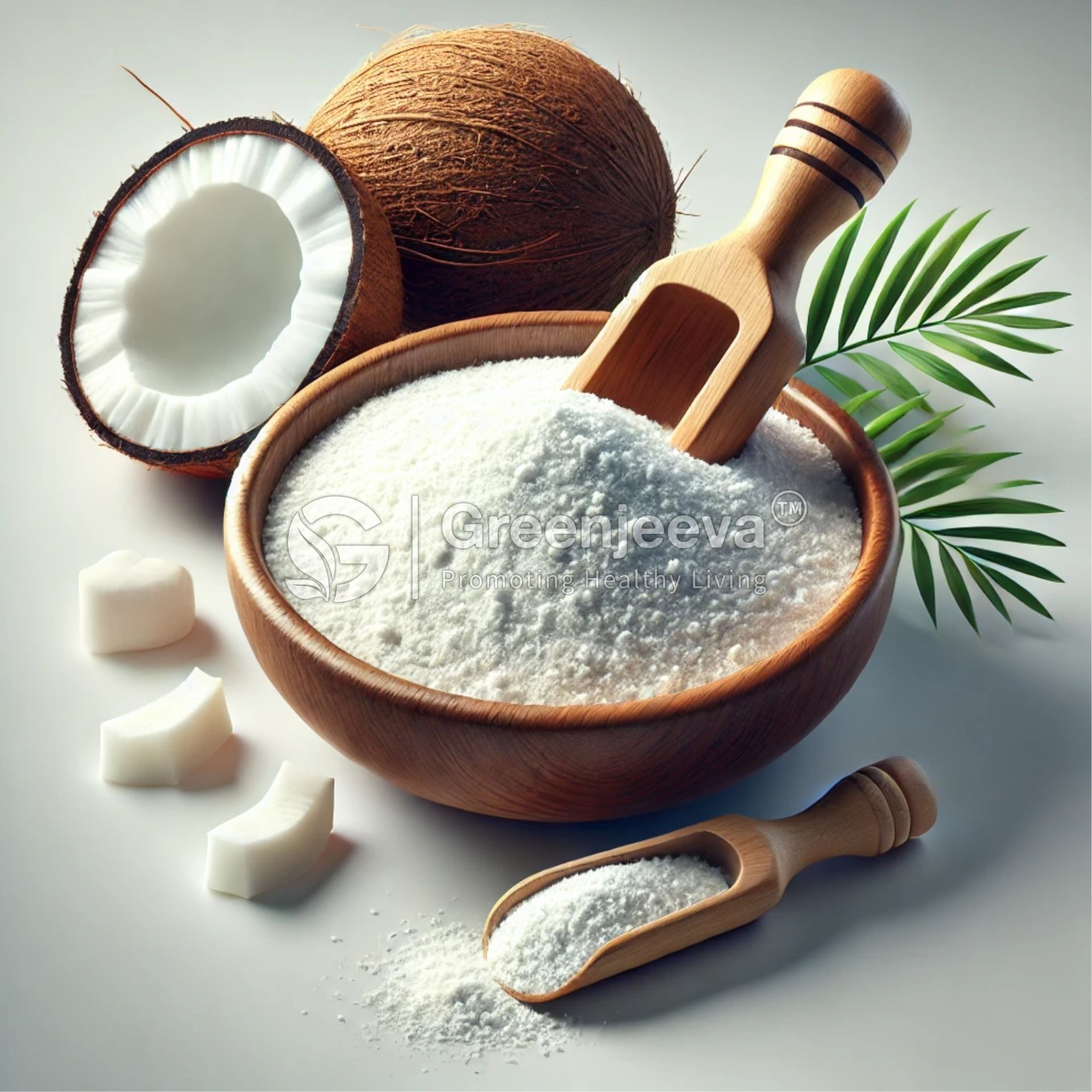 A wooden bowl filled with organic mct oil powder, a coconut shell, and pieces of coconut nearby, with a wooden scoop resting in the bowl.