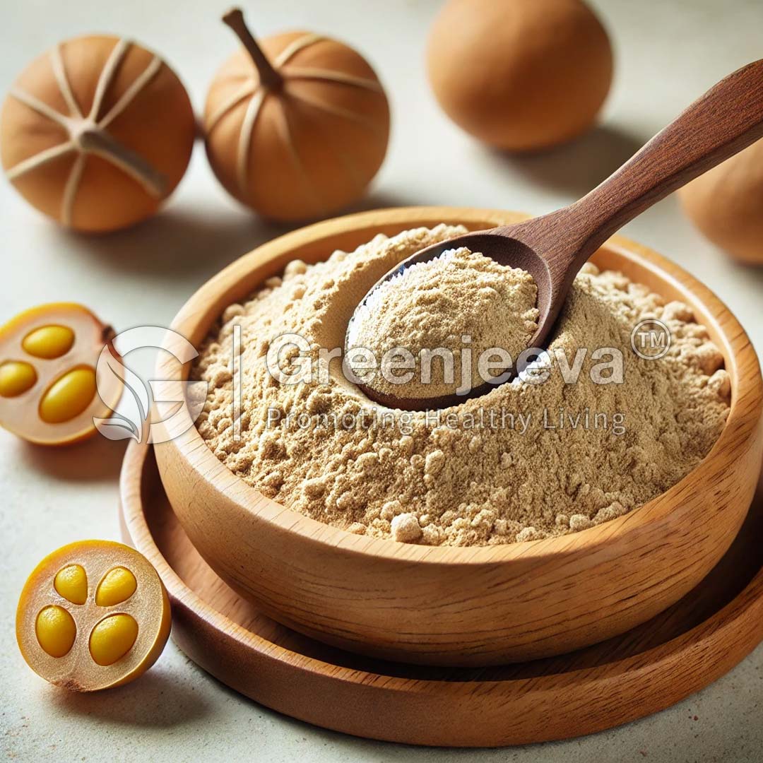 A wooden bowl filled withOrganic Monk Fruit Extract Powder 10:1 sits next to brown fruits and seeds, showcasing natural ingredients for healthy living.
