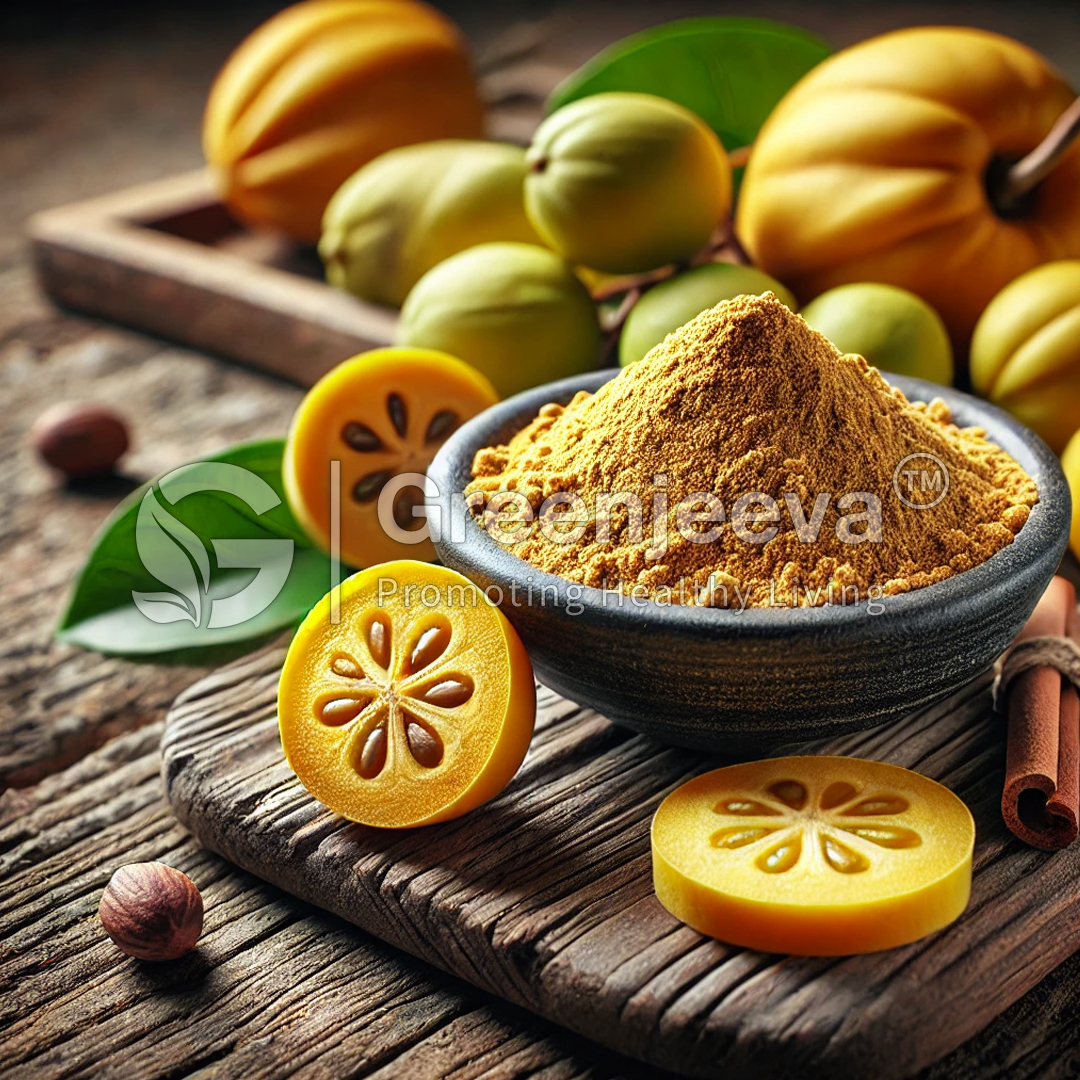 A bowl of Organic Monk Fruit Extract Powder 30% Mogroside, UV surrounded by fresh fruits and sliced yellow fruit on a rustic wooden surface.