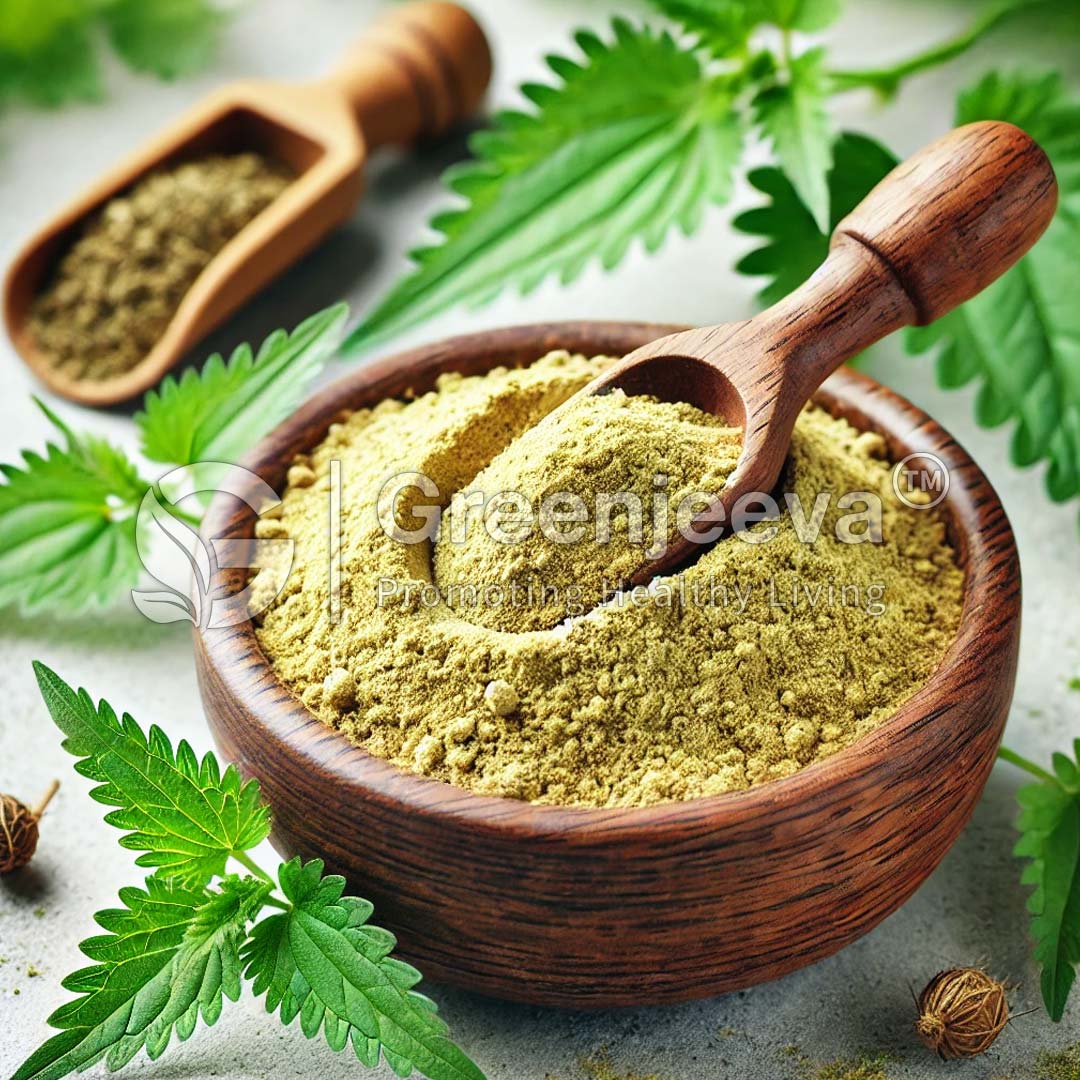 A wooden bowl filled with Organic Nettle Extract Powder, accompanied by a small scoop and fresh green leaves, symbolizing natural health.